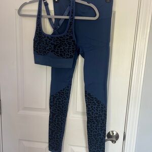Fabletics Blue Leopard Print Sports Bra and Leggings Set